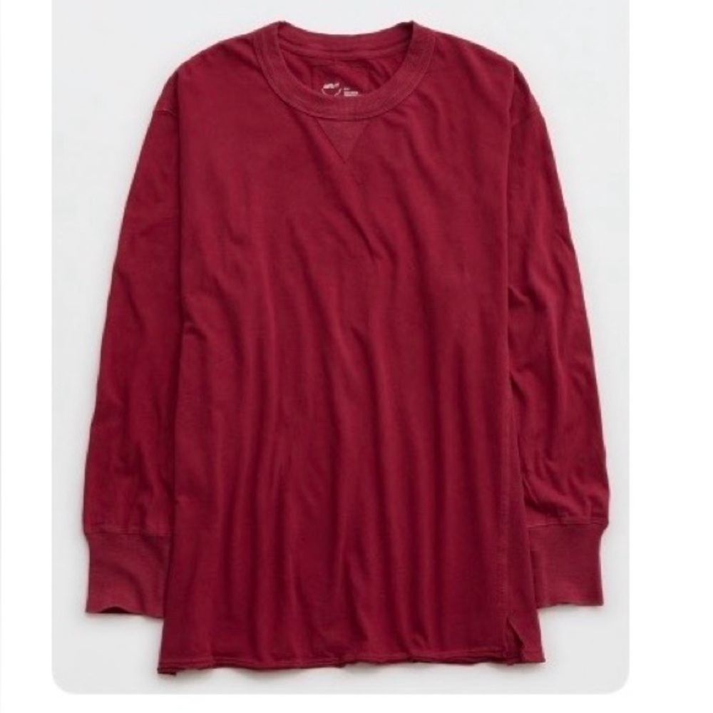 Aerie Cozy long sleeve boyfriend T-shirt size XS cherry tart